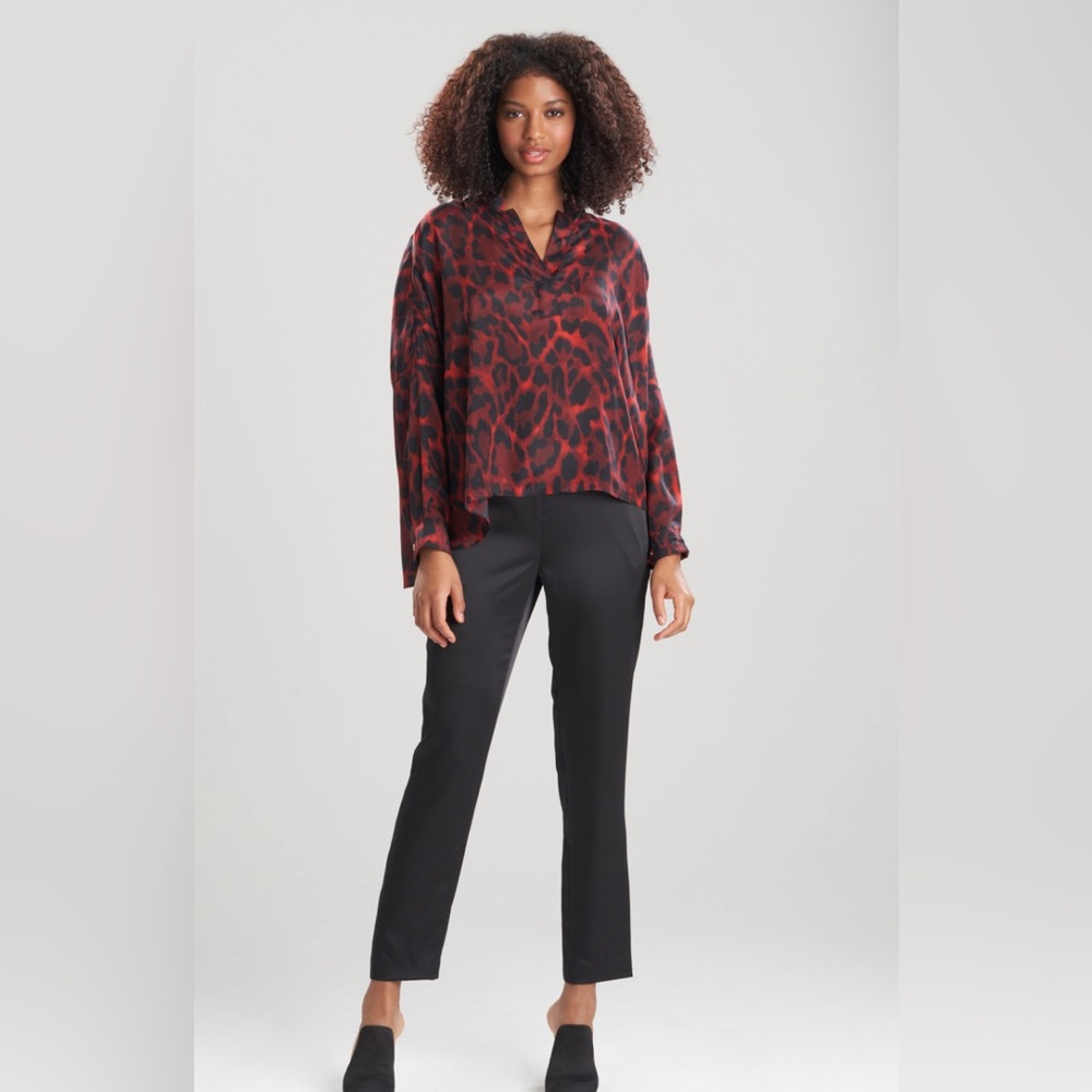 NATORI OCELOT OBI SILK CAFTAN SHIRT RED LEOPARD PRINT BLOUSE XL NWT